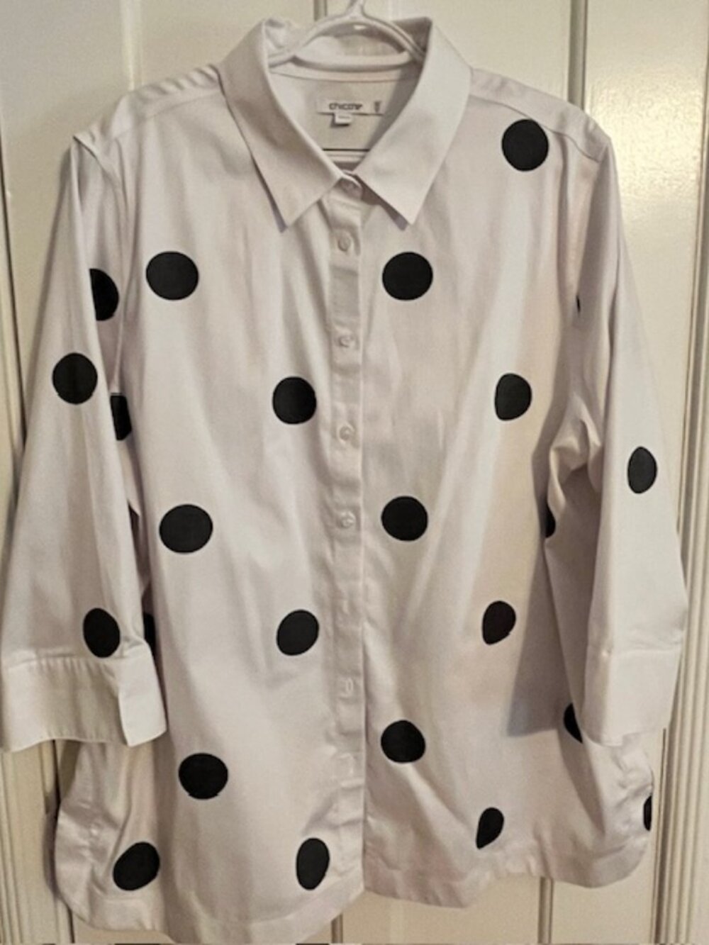 CHICO'S POLKA DOT BUTTON FRONT TUNIC, 18 (3.5), WHITE, DARK GRAY; EUC!
